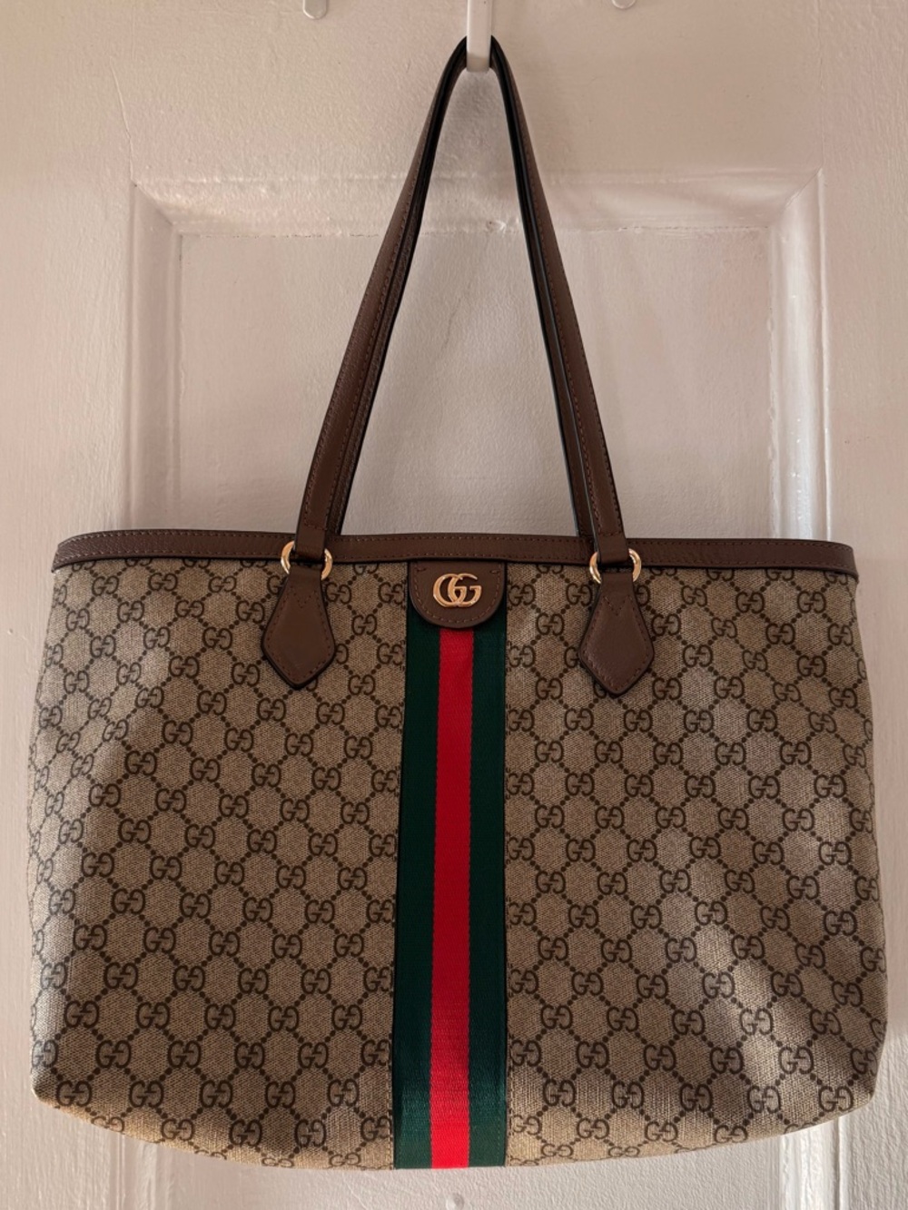 Gucci Beige GG Canvas Tote with Green and Red Web Stripe